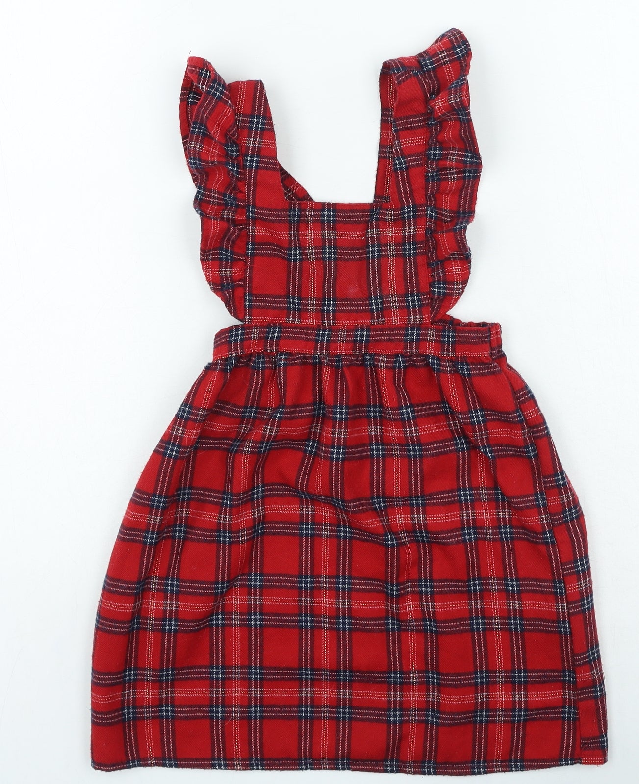 Primark Girls Red Plaid Polyester Pinafore/Dungaree Dress Size 6-7 Years Square Neck Pullover
