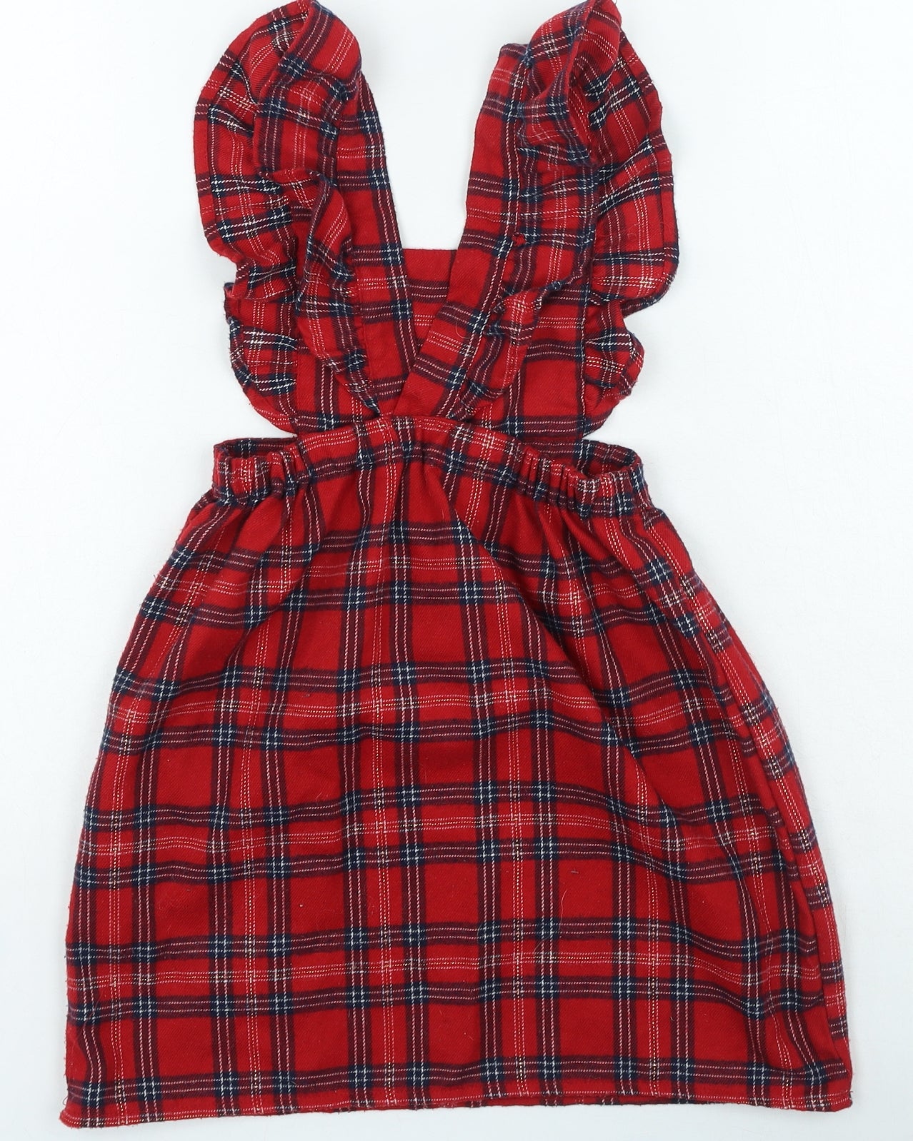 Primark Girls Red Plaid Polyester Pinafore/Dungaree Dress Size 6-7 Years Square Neck Pullover