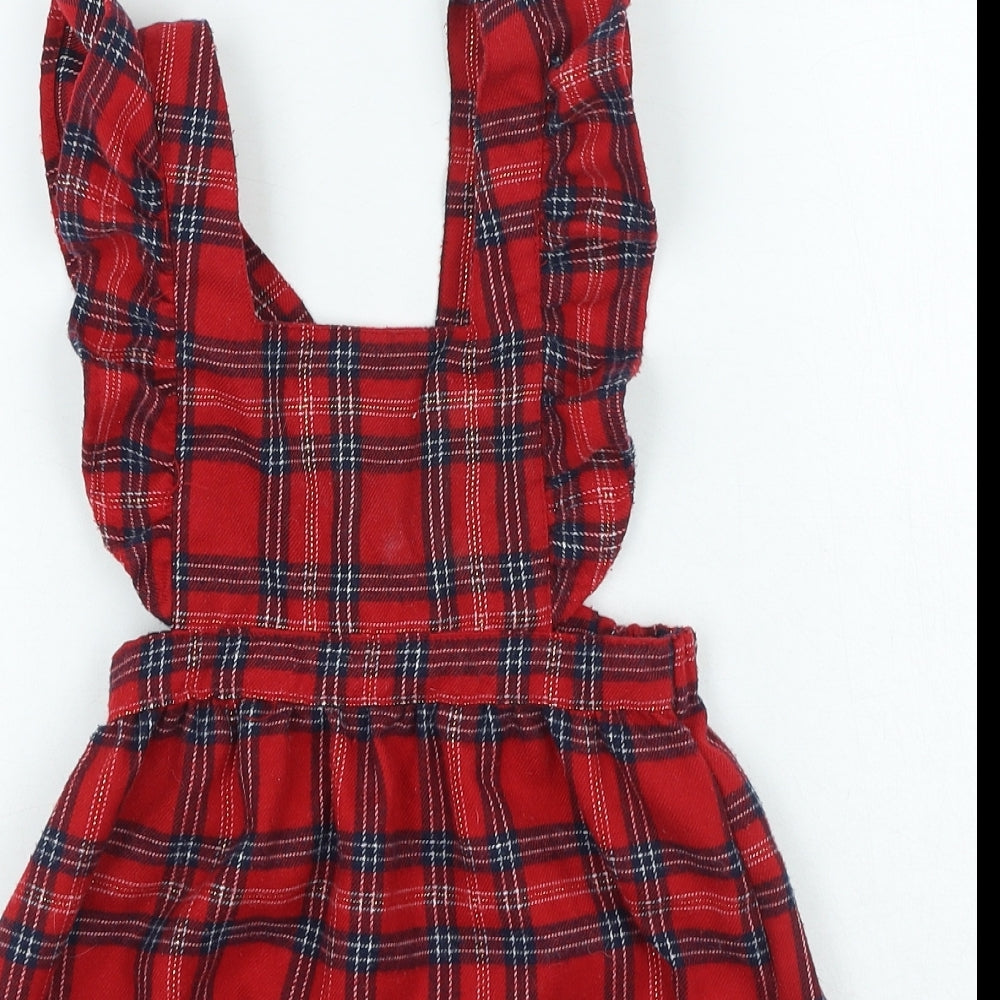 Primark Girls Red Plaid Polyester Pinafore/Dungaree Dress Size 6-7 Years Square Neck Pullover