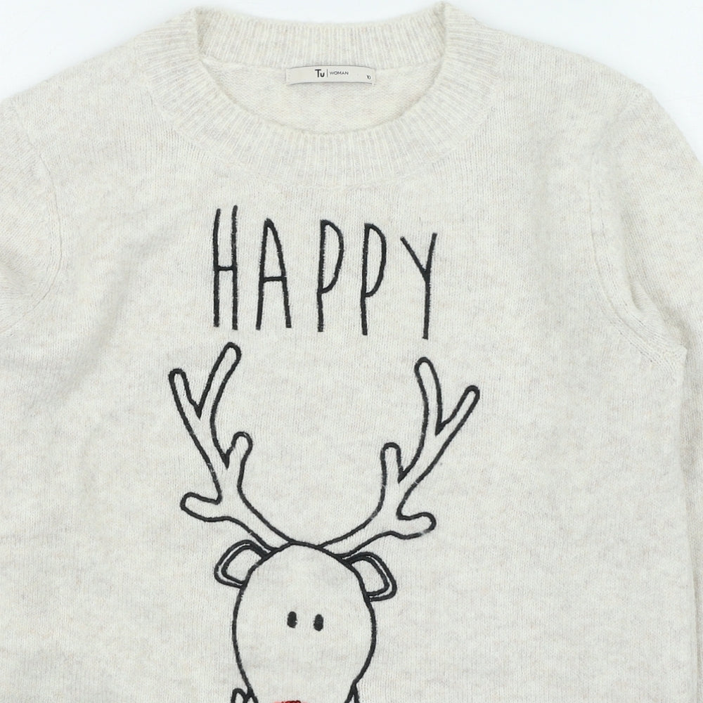 TU Womens Beige Round Neck Acrylic Pullover Jumper Size 10 - Christmas