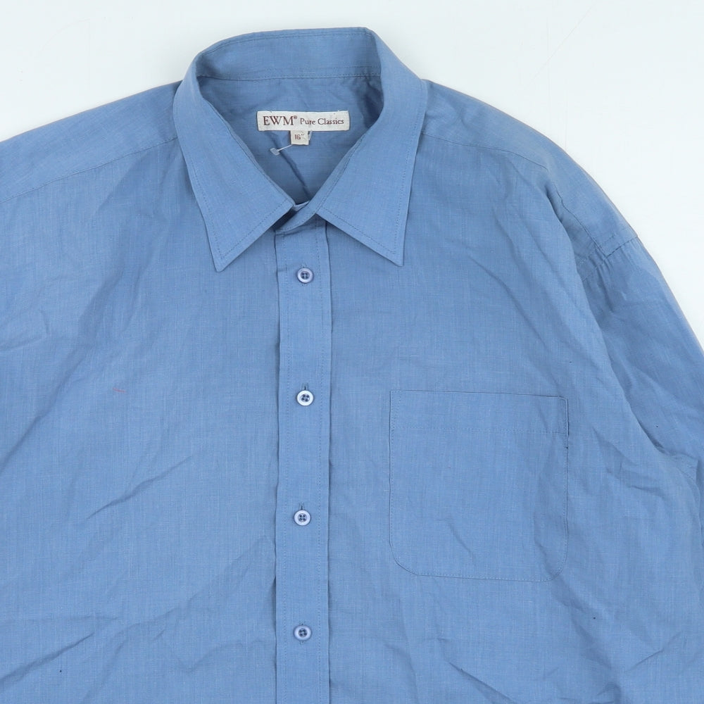EWM Mens Blue Polyester Button-Up Size 16 Collared Button
