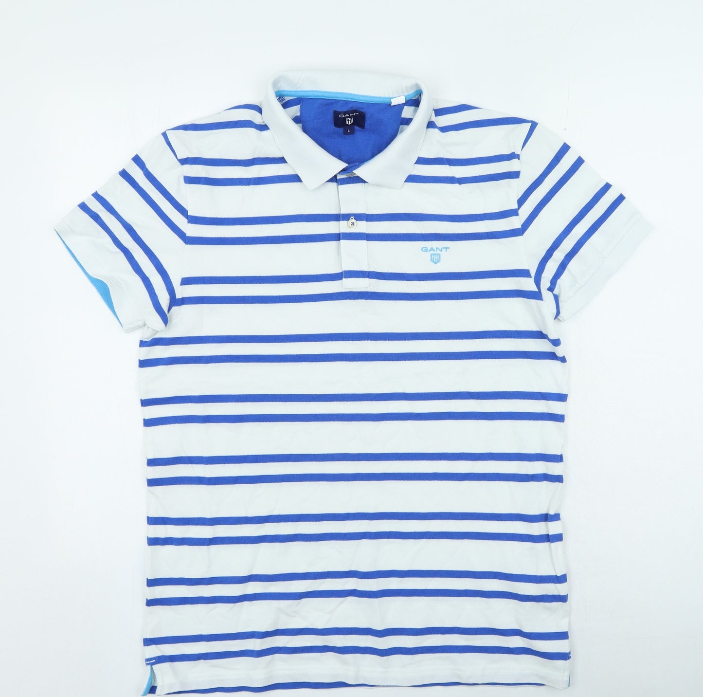 GANT Mens Blue Striped Cotton Polo Size L Collared Button
