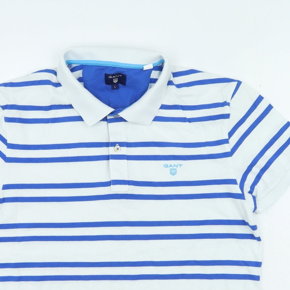 GANT Mens Blue Striped Cotton Polo Size L Collared Button