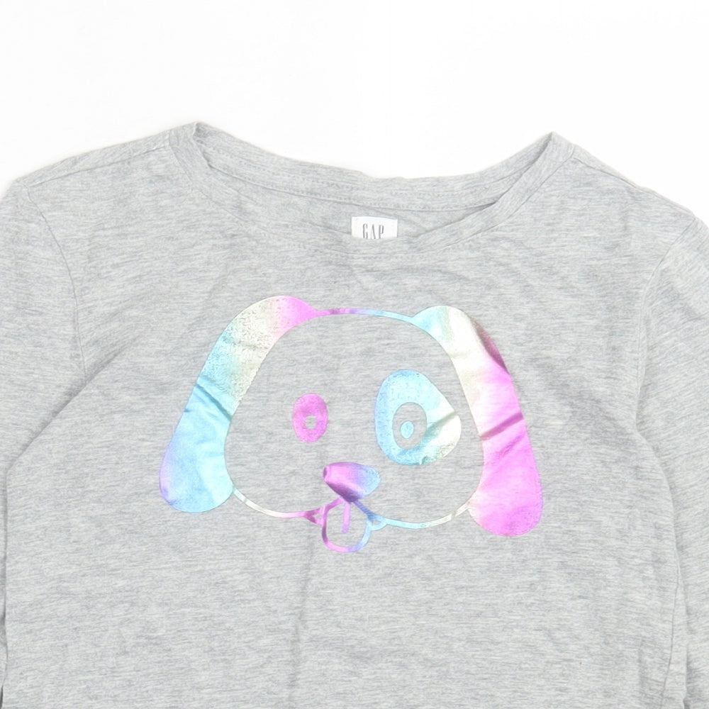 Gap Girls Grey Cotton Basic Casual Size 6-7 Years Crew Neck Pullover - Dog
