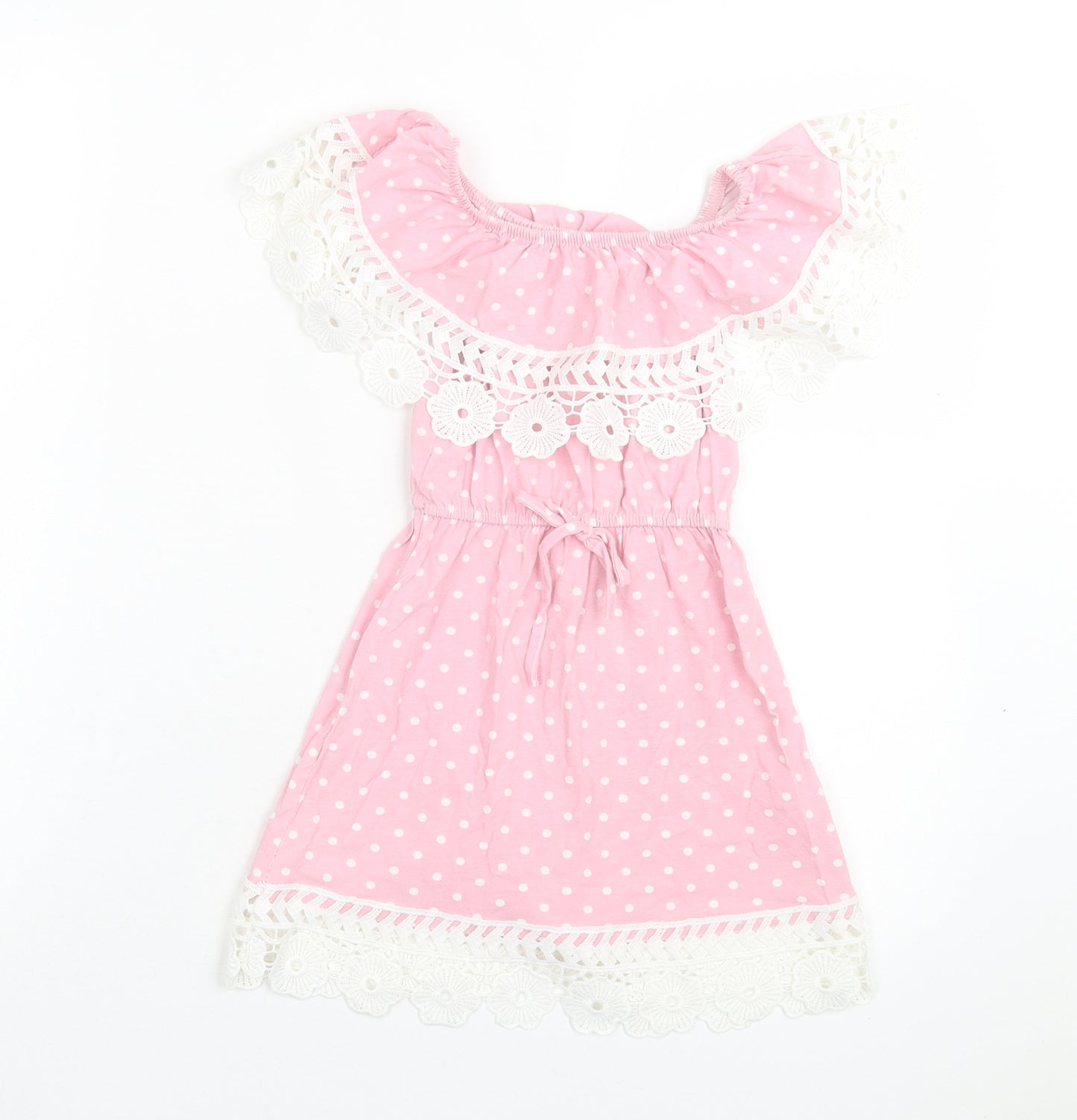 Preworn Girls Pink Polka Dot Cotton A-Line Size 6 Years Off the Shoulder Pullover