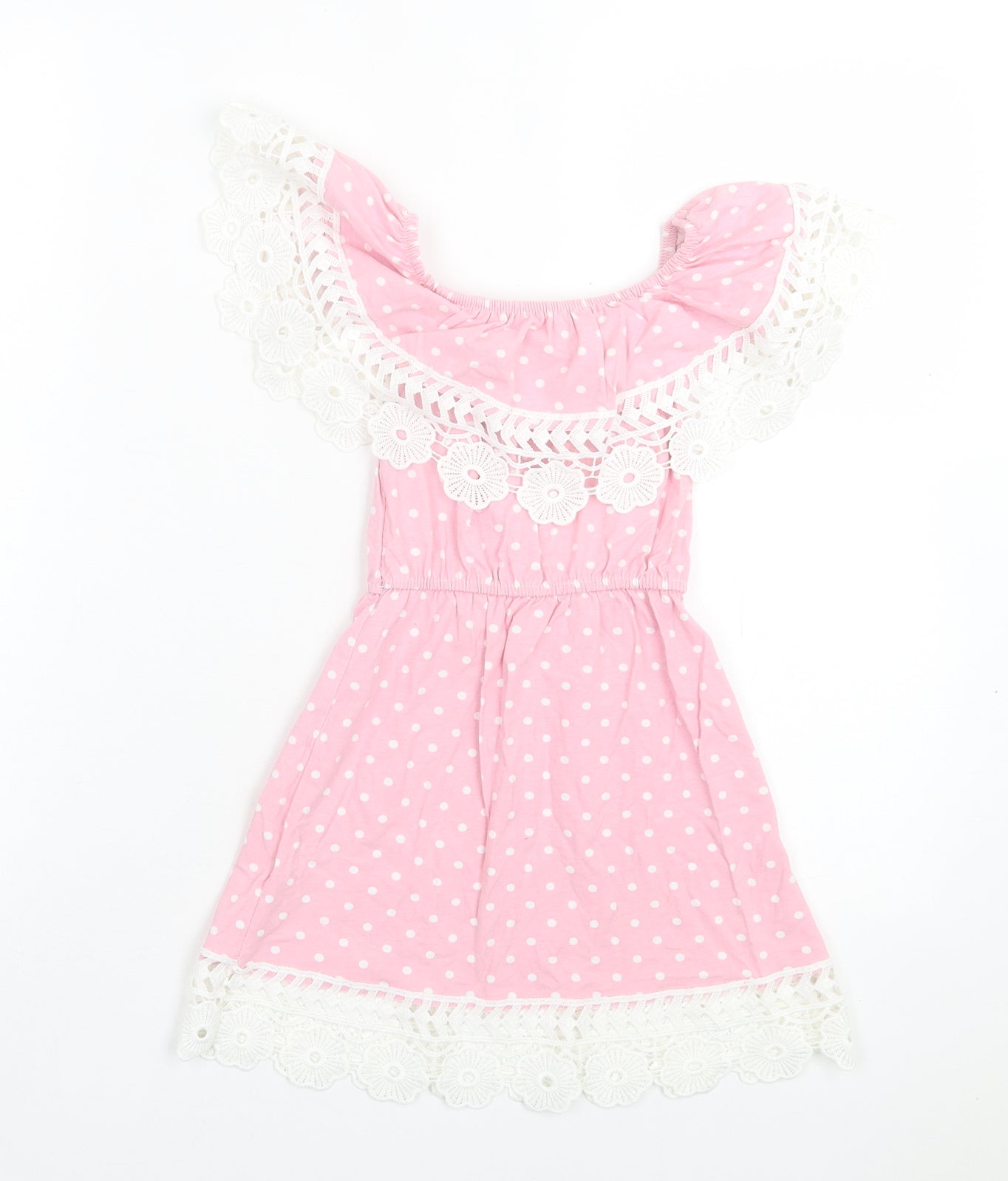 Preworn Girls Pink Polka Dot Cotton A-Line Size 6 Years Off the Shoulder Pullover