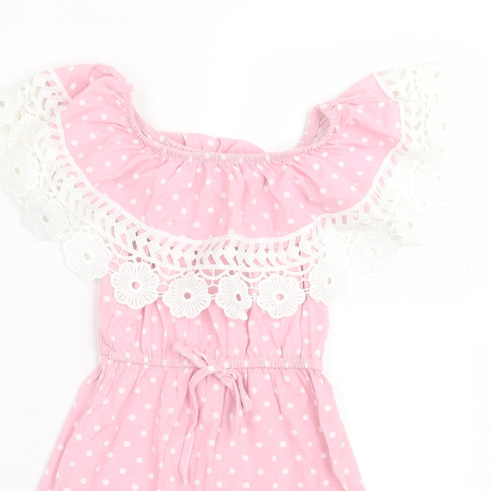 Preworn Girls Pink Polka Dot Cotton A-Line Size 6 Years Off the Shoulder Pullover
