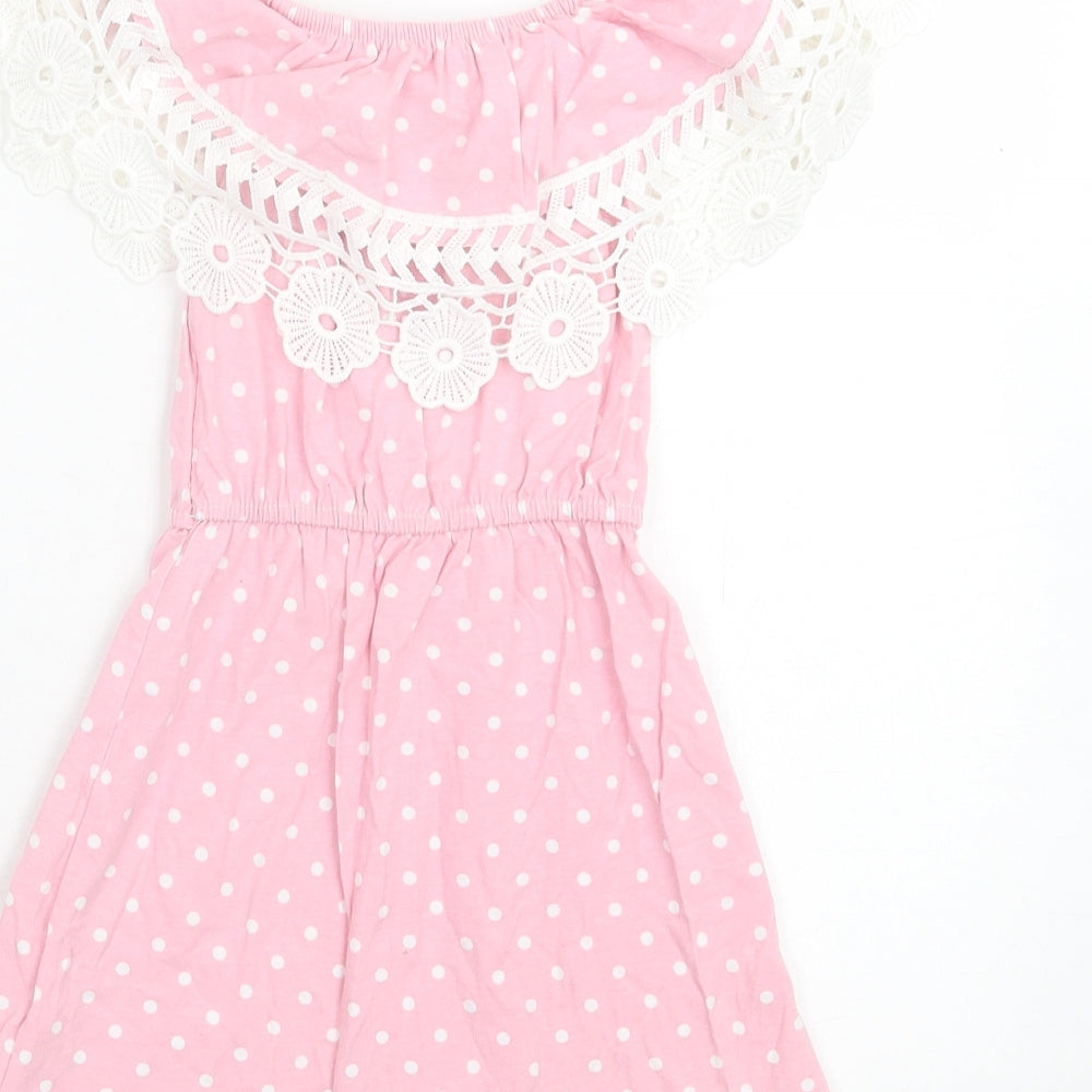 Preworn Girls Pink Polka Dot Cotton A-Line Size 6 Years Off the Shoulder Pullover