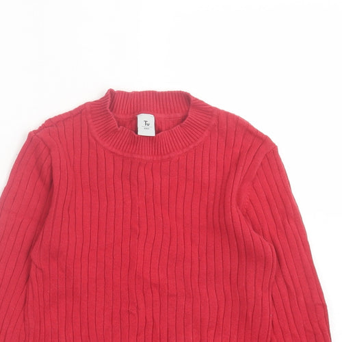 TU Girls Red Striped Cotton Basic Casual Size 5-6 Years High Neck Pullover