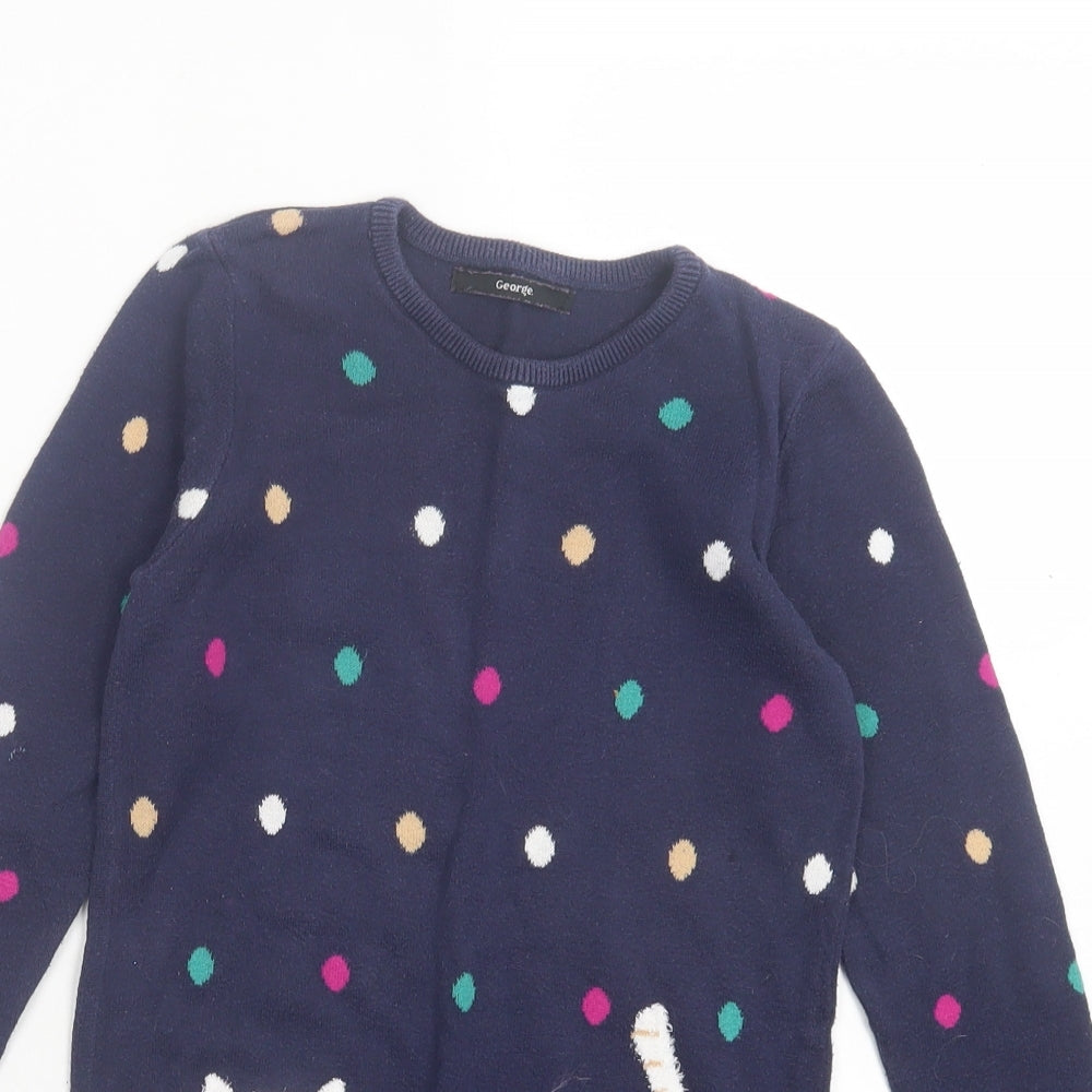 George Girls Blue Polka Dot Cotton Jumper Dress Size 5-6 Years Crew Neck Pullover - Cat