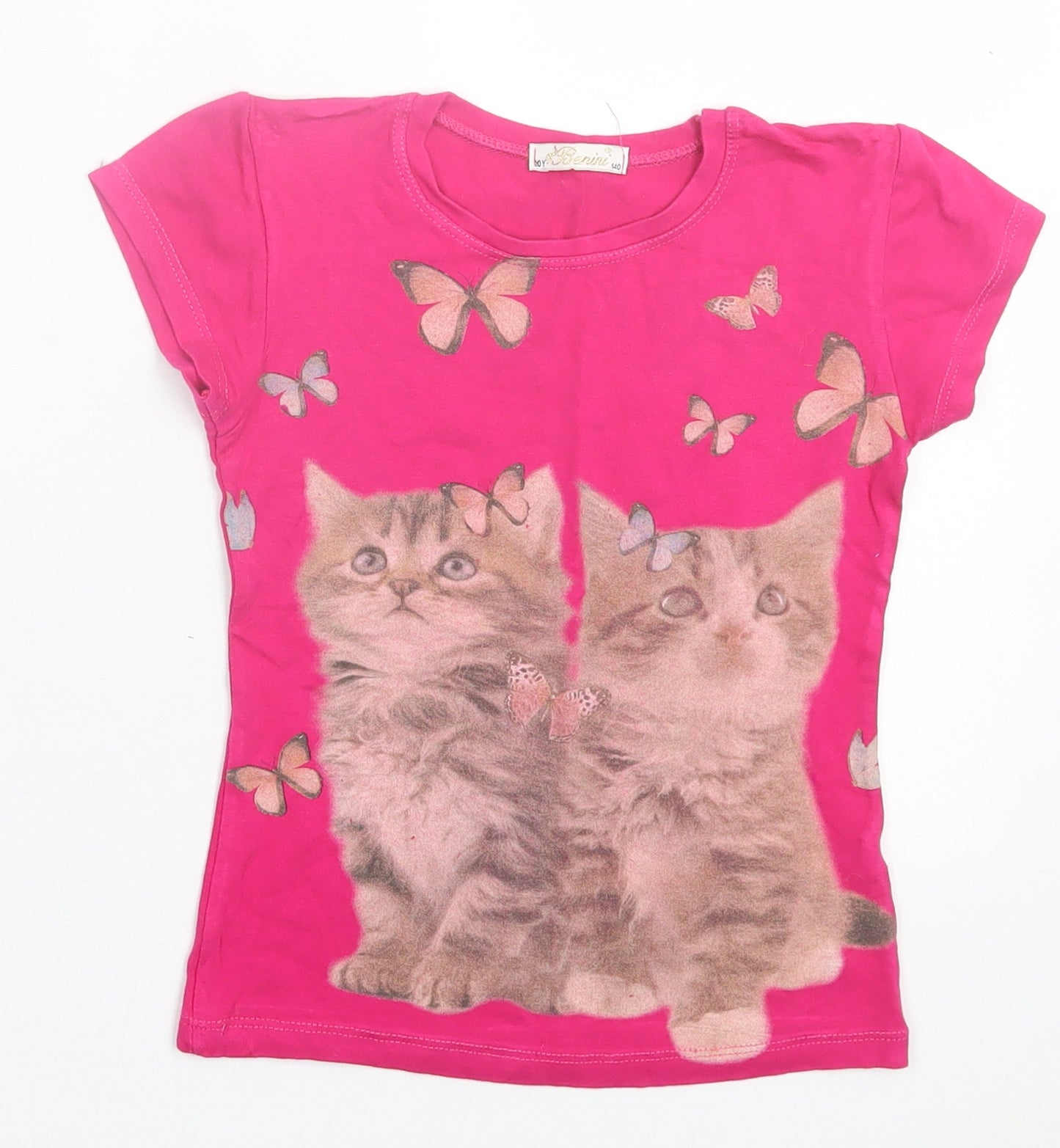 benini Girls Pink Viscose Basic T-Shirt Size 10 Years Crew Neck Pullover - Cats