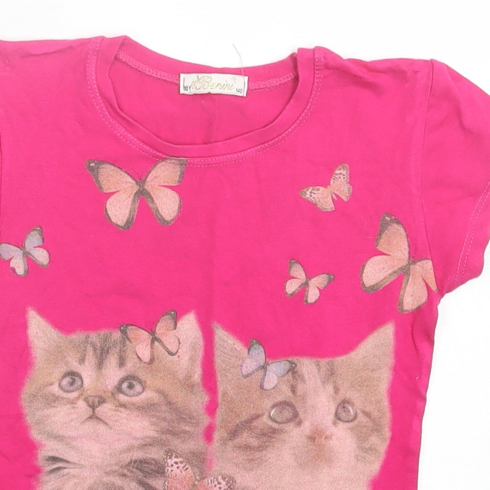 benini Girls Pink Viscose Basic T-Shirt Size 10 Years Crew Neck Pullover - Cats