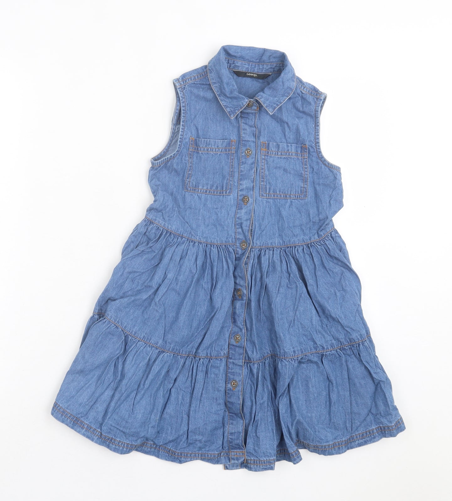 George Girls Blue Cotton Fit & Flare Size 6-7 Years Collared Button