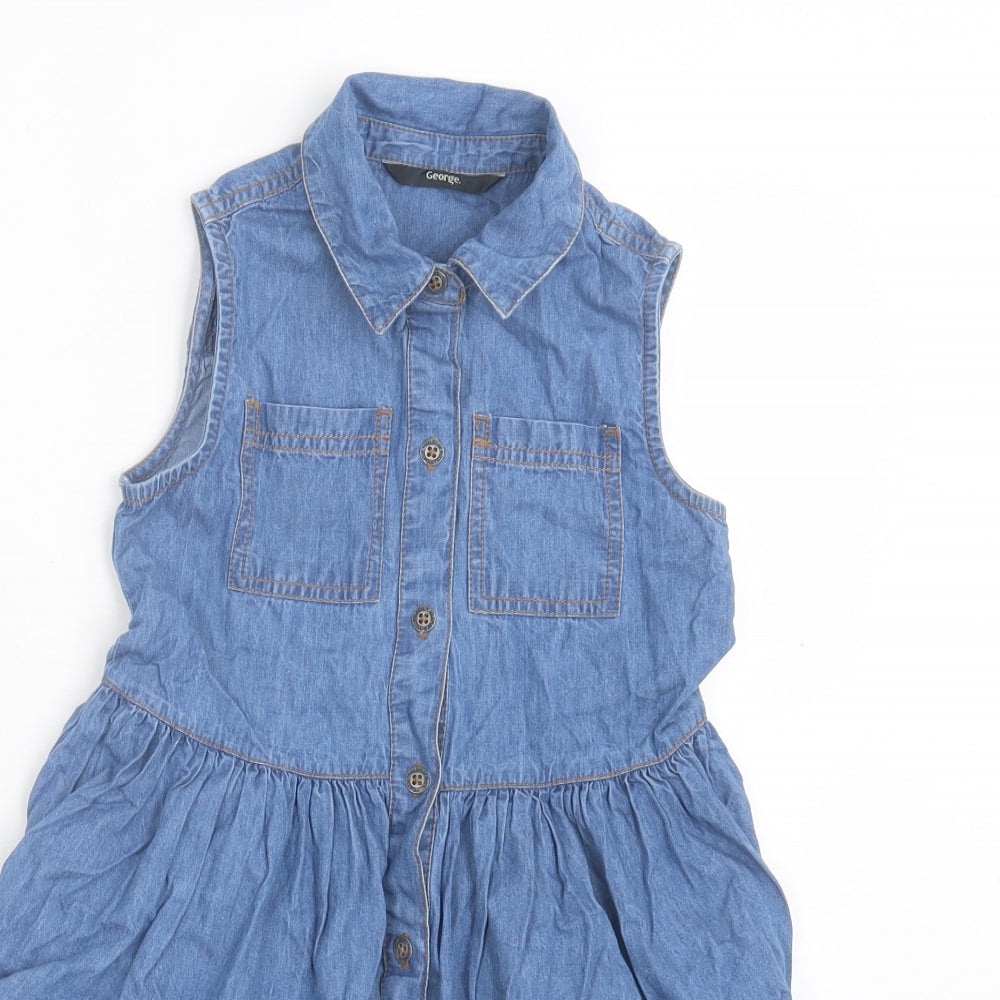 George Girls Blue Cotton Fit & Flare Size 6-7 Years Collared Button