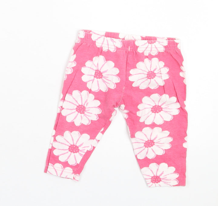 Preworn Girls Pink Floral Cotton Capri Trousers Size 9 Months Pullover