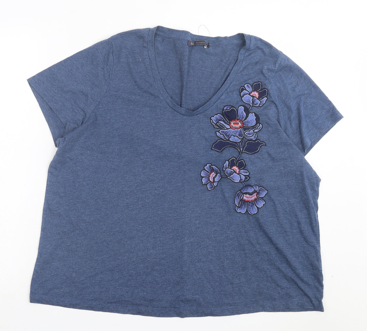 Marks and Spencer Womens Blue Floral Cotton Basic T-Shirt Size 22 Scoop Neck
