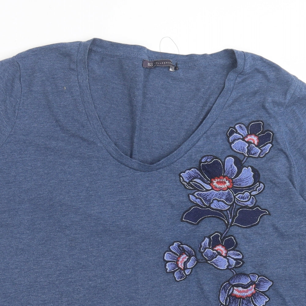 Marks and Spencer Womens Blue Floral Cotton Basic T-Shirt Size 22 Scoop Neck