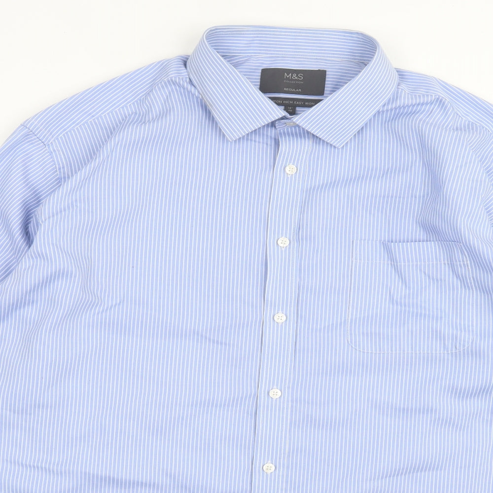 Marks and Spencer Mens Blue Striped Cotton Button-Up Size 18 Collared Button