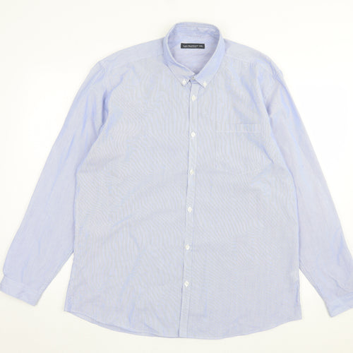 Cedar Wood State Mens Blue Striped Polyester Button-Up Size 2XL Collared Button