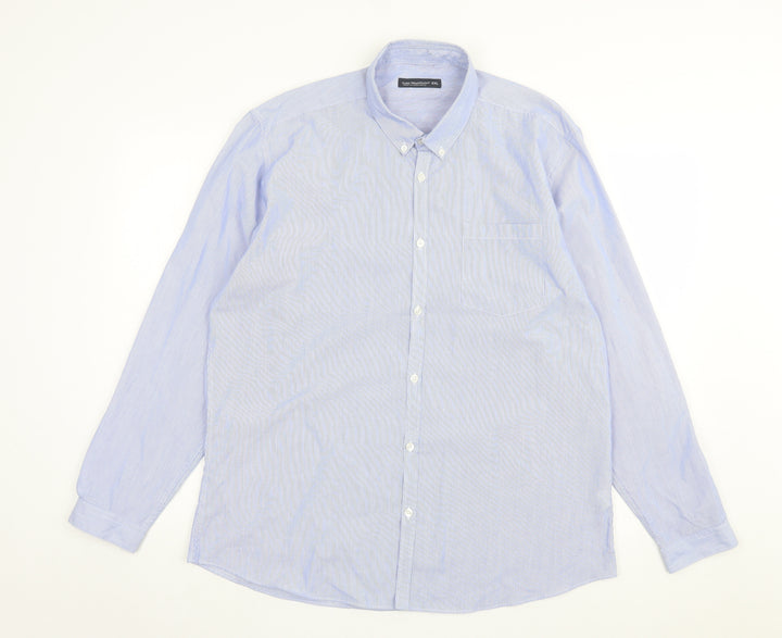 Cedar Wood State Mens Blue Striped Polyester Button-Up Size 2XL Collared Button