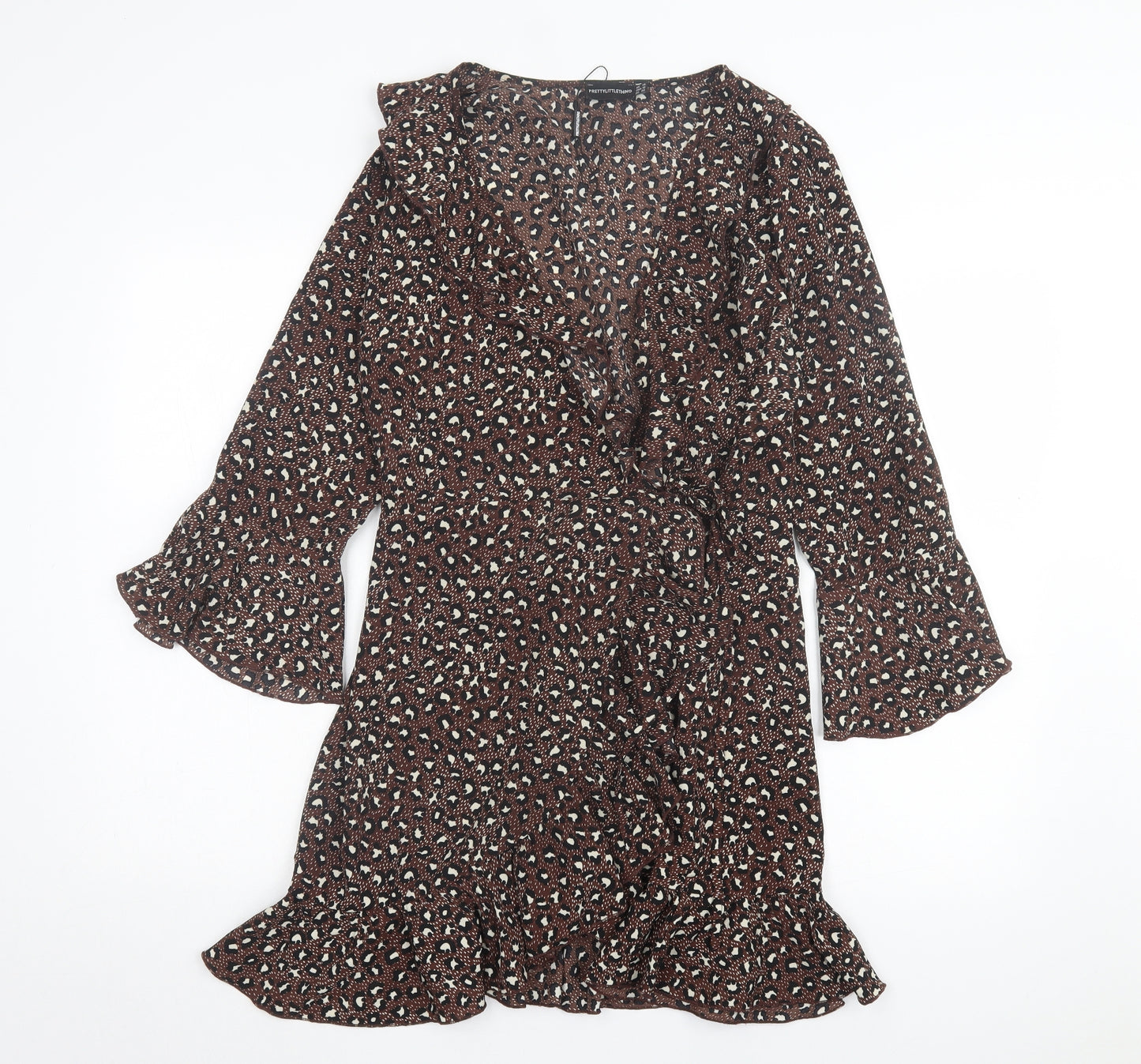 PRETTYLITTLETHING Womens Brown Animal Print Polyester Wrap Dress Size 14 V-Neck Tie