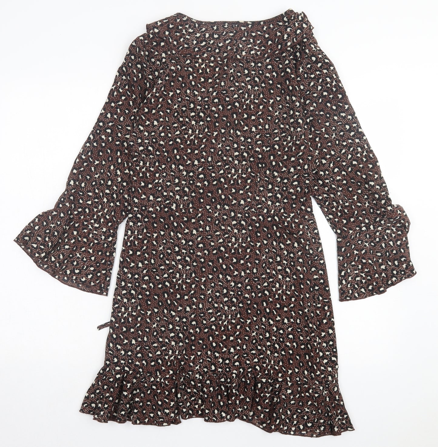PRETTYLITTLETHING Womens Brown Animal Print Polyester Wrap Dress Size 14 V-Neck Tie
