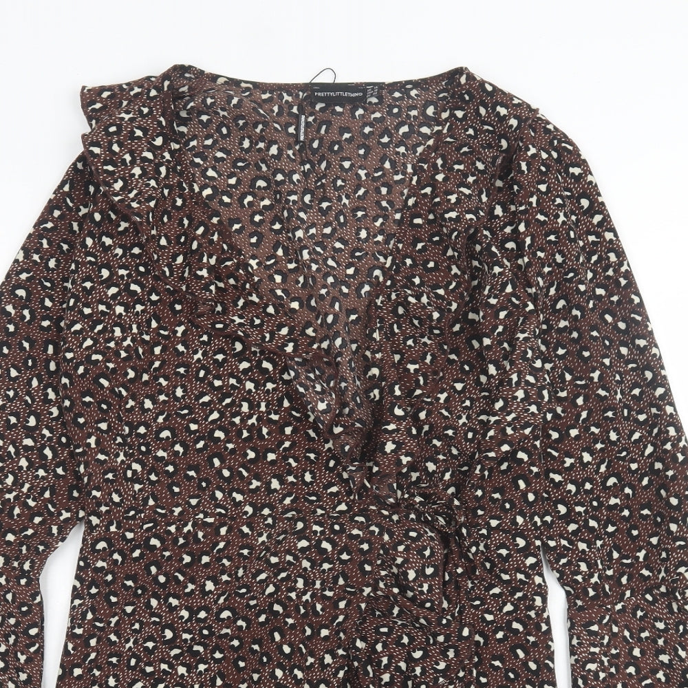 PRETTYLITTLETHING Womens Brown Animal Print Polyester Wrap Dress Size 14 V-Neck Tie