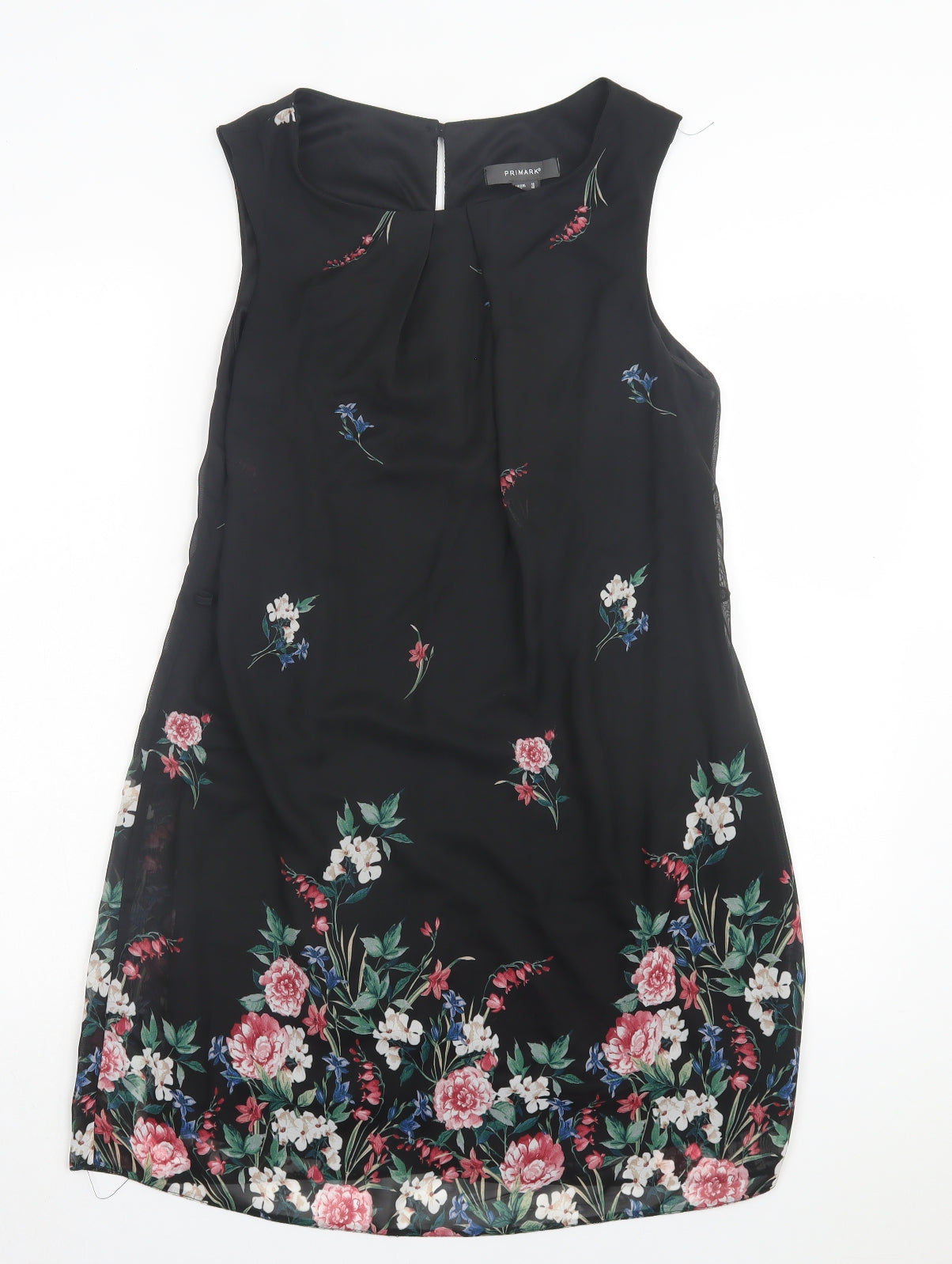 Primark Womens Black Floral Polyester A-Line Size 12 Crew Neck Button