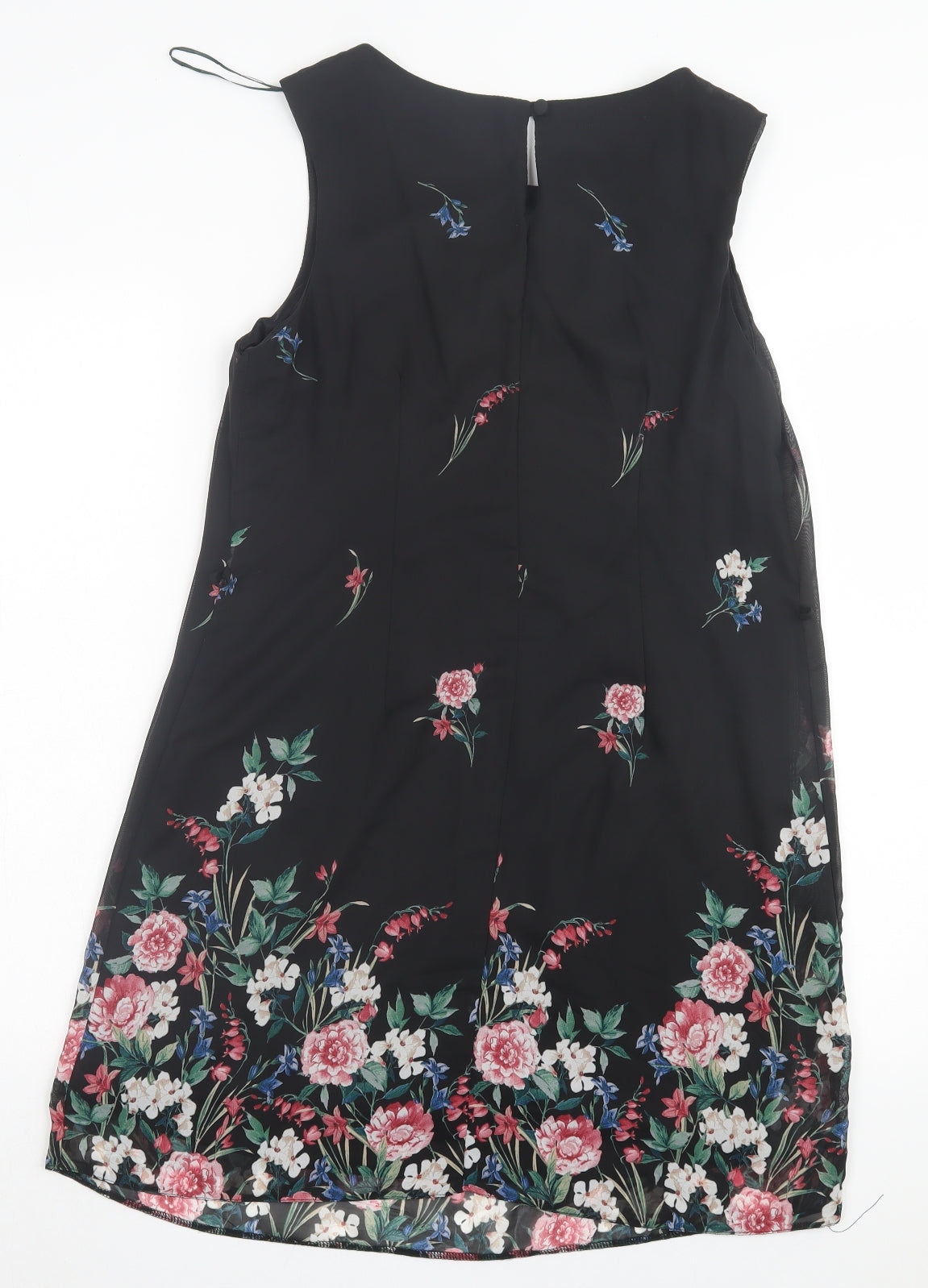 Primark Womens Black Floral Polyester A-Line Size 12 Crew Neck Button
