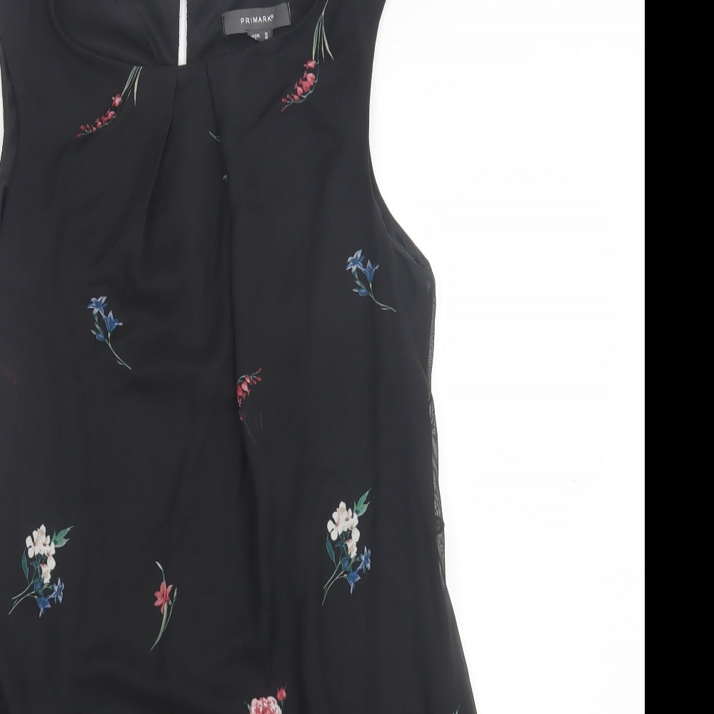 Primark Womens Black Floral Polyester A-Line Size 12 Crew Neck Button