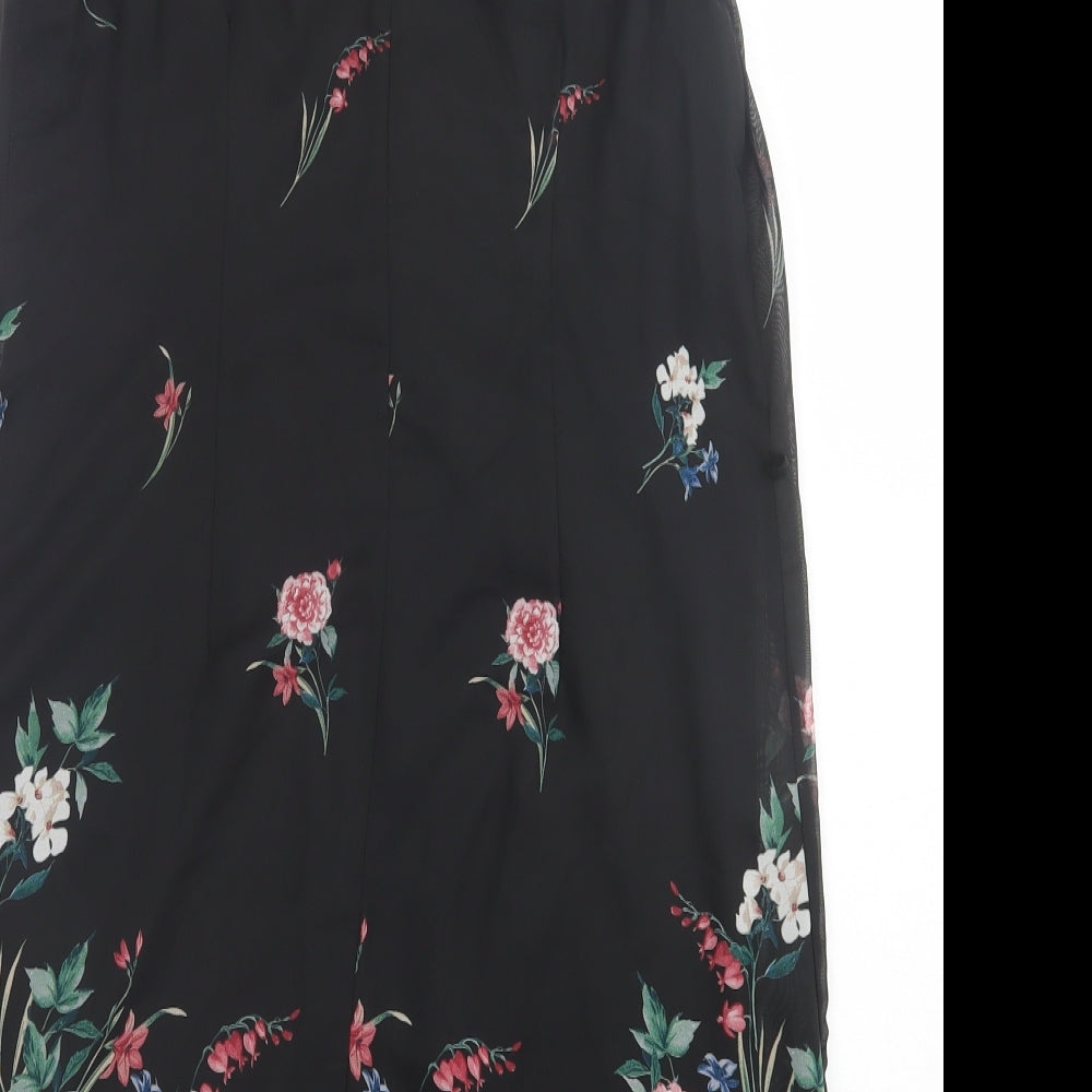 Primark Womens Black Floral Polyester A-Line Size 12 Crew Neck Button