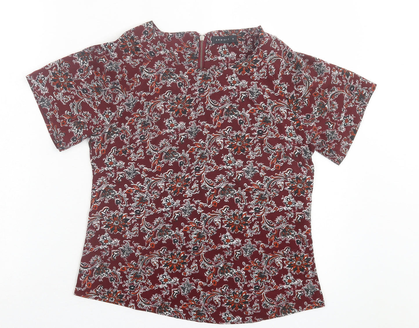 Exhibit Womens Red Geometric Polyester Basic T-Shirt Size 8 Crew Neck