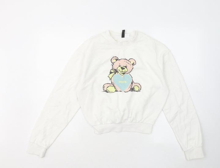 Divided by H&M Womens White Cotton Pullover Sweatshirt Size 2XS - Nice Bear