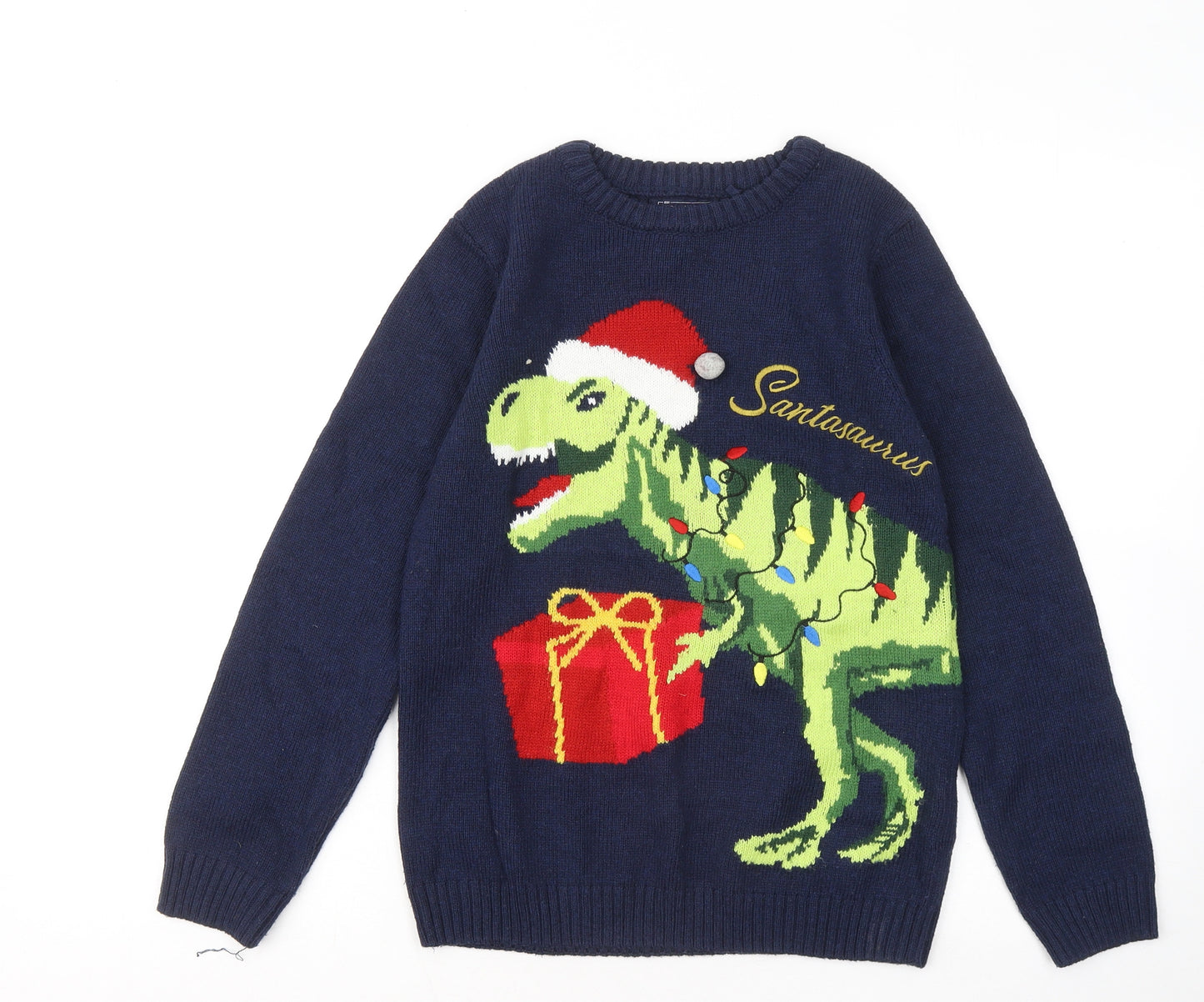 NEXT Boys Blue Round Neck Acrylic Pullover Jumper Size 11 Years Pullover - Dinosaur Christmas Jumper