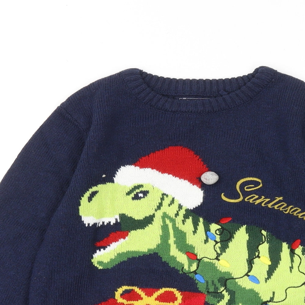 NEXT Boys Blue Round Neck Acrylic Pullover Jumper Size 11 Years Pullover - Dinosaur Christmas Jumper