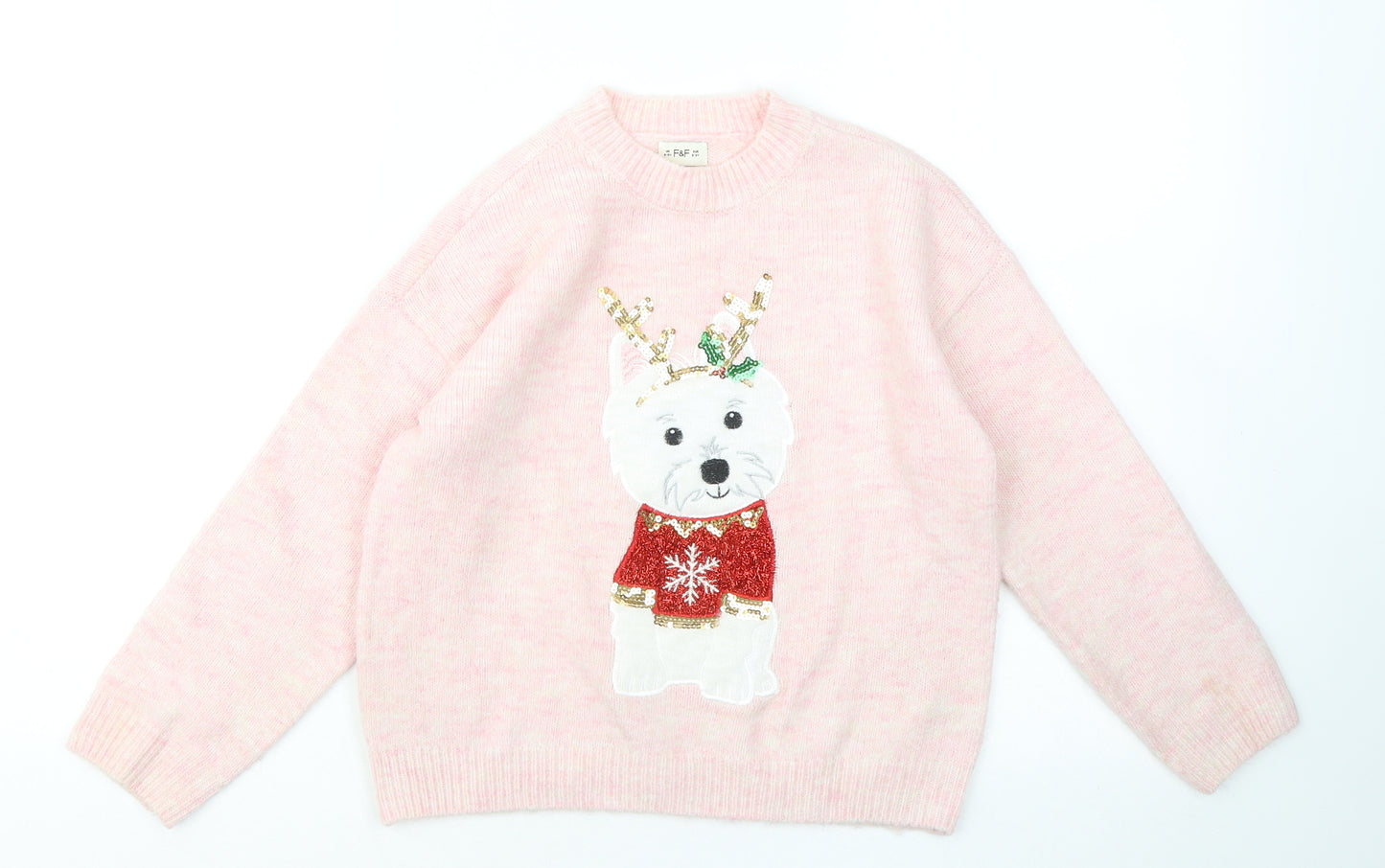 F&F Girls Pink Round Neck Polyester Pullover Jumper Size 8-9 Years - Dog Christmas