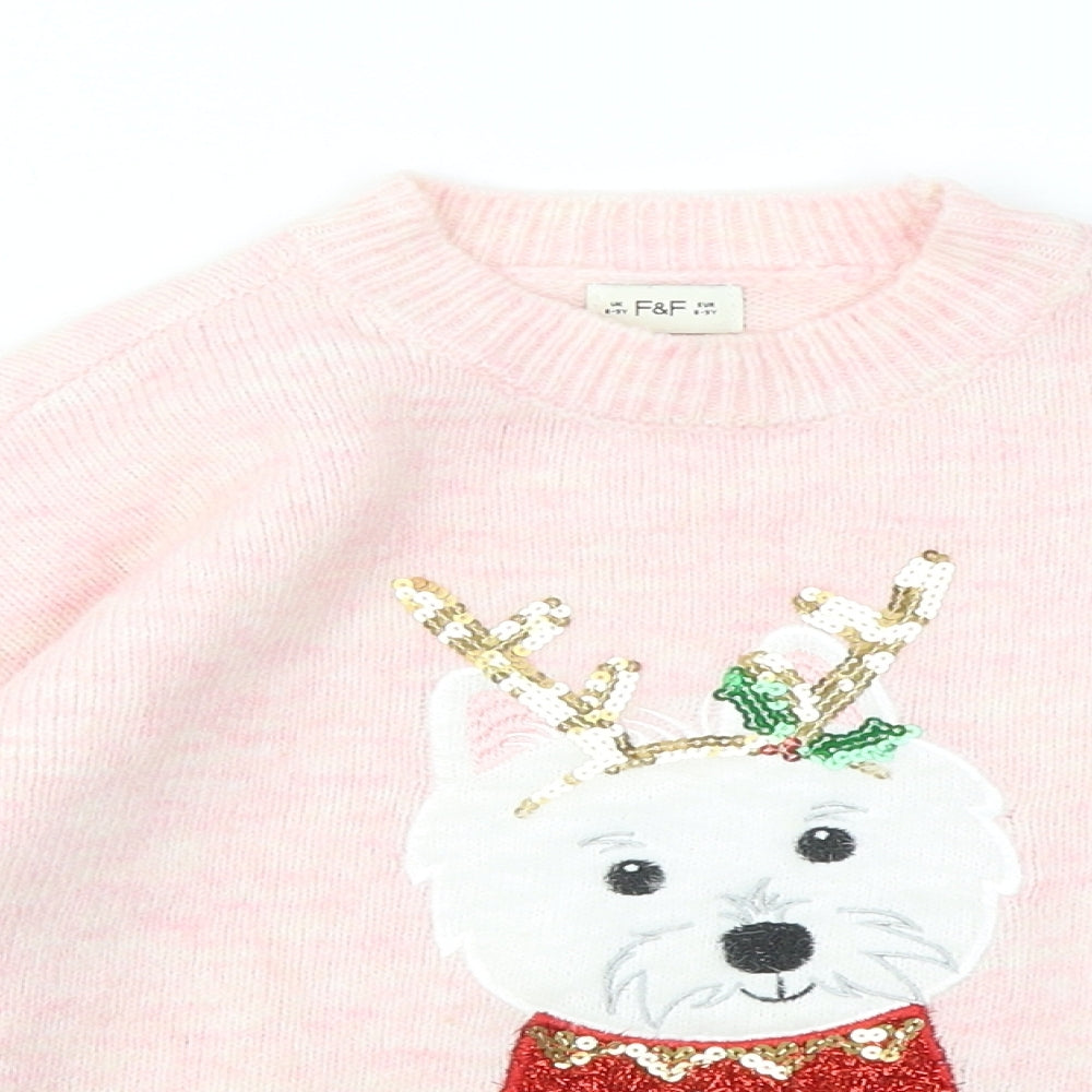 F&F Girls Pink Round Neck Polyester Pullover Jumper Size 8-9 Years - Dog Christmas