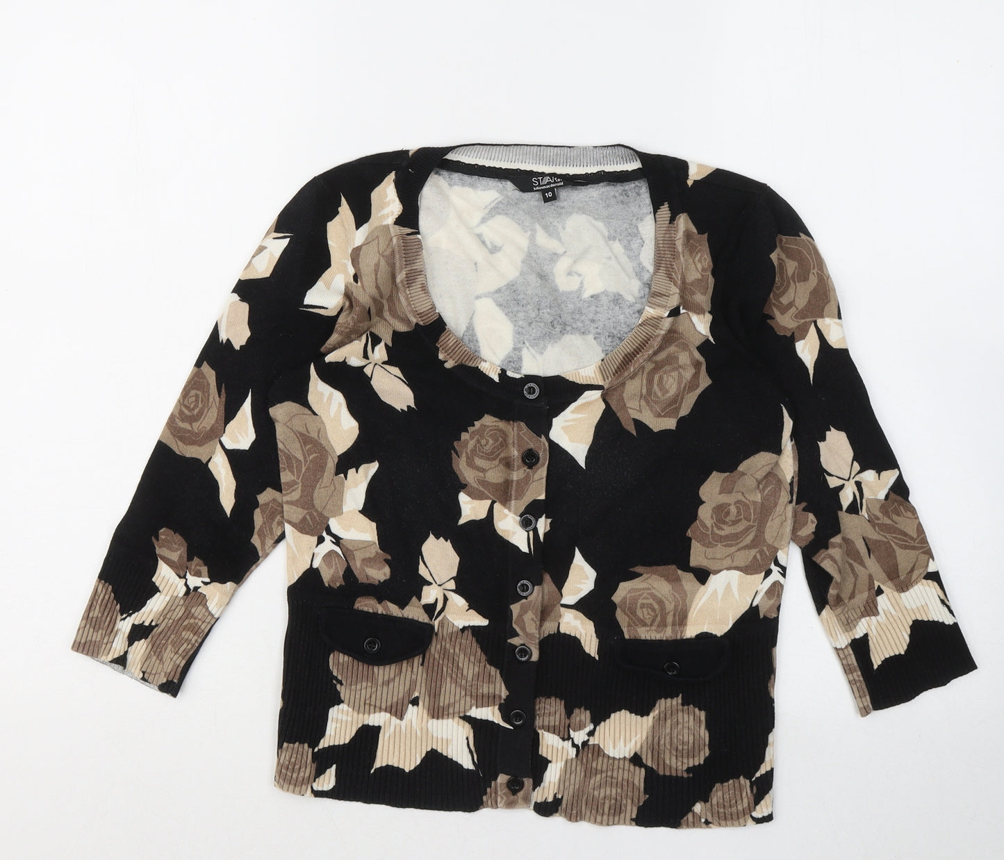 Julien Macdonald Womens Black Scoop Neck Floral Cotton Cardigan Jumper Size 10