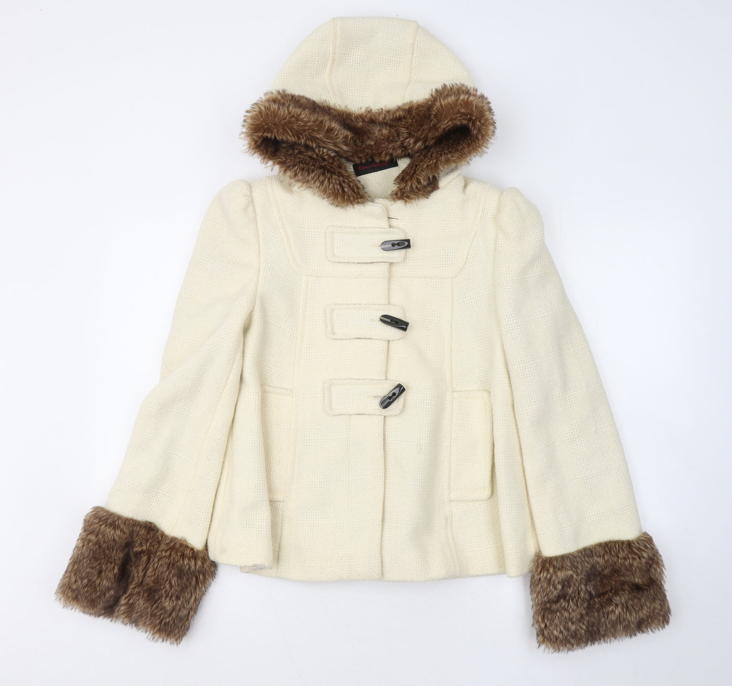 Miss Selfridge Womens White Jacket Coat Size 8 Button - Fur Trim
