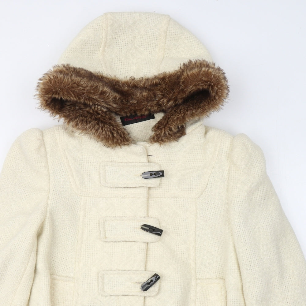 Miss Selfridge Womens White Jacket Coat Size 8 Button - Fur Trim