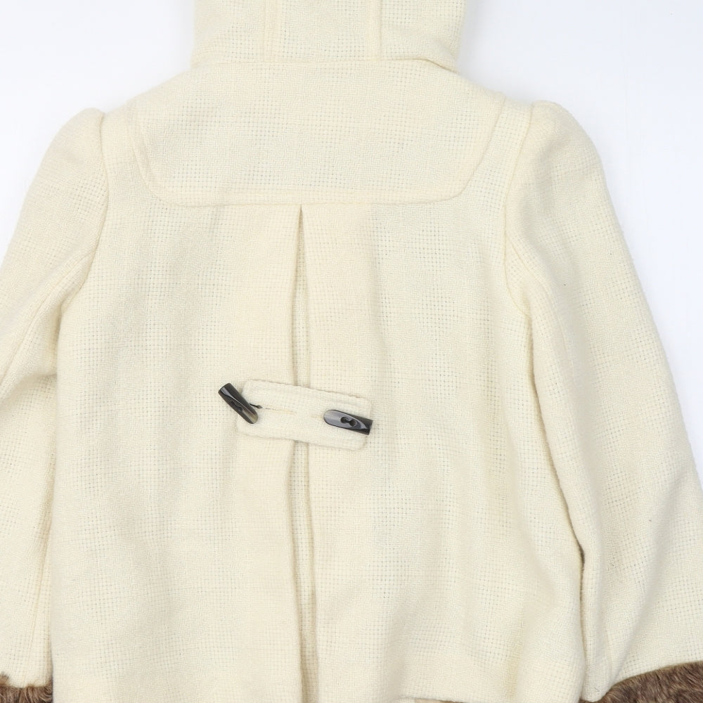 Miss Selfridge Womens White Jacket Coat Size 8 Button - Fur Trim