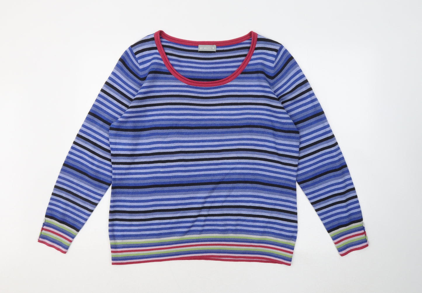 Per Una Womens Blue Scoop Neck Striped Acrylic Pullover Jumper Size 18