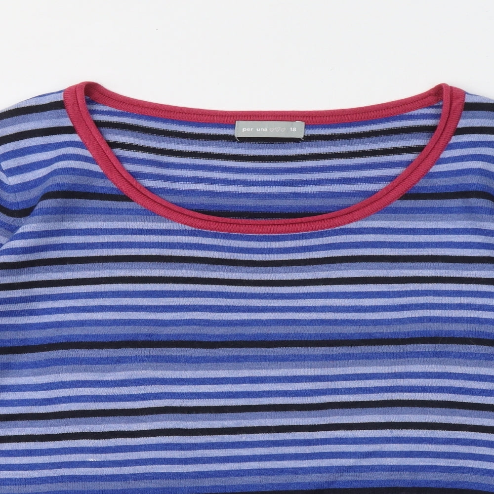 Per Una Womens Blue Scoop Neck Striped Acrylic Pullover Jumper Size 18