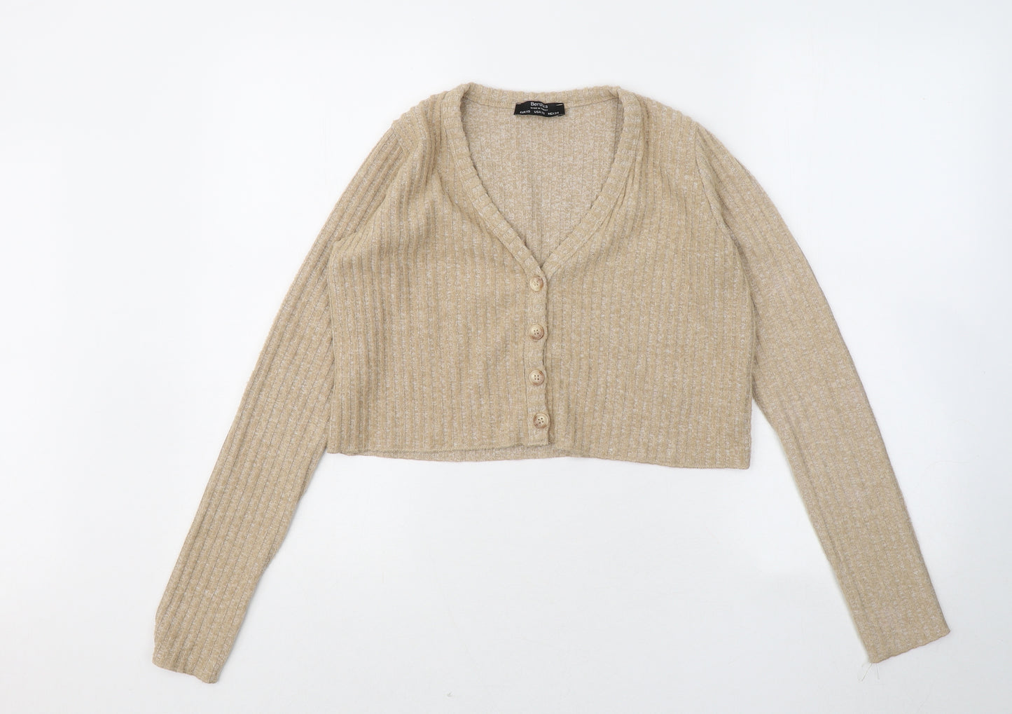 Bershka Womens Brown V-Neck Polyester Cardigan Jumper Size XS