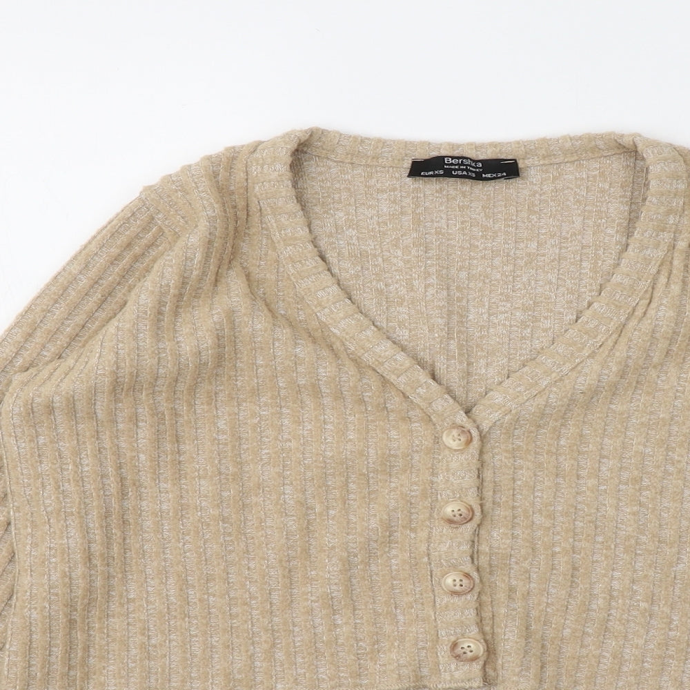 Bershka Womens Brown V-Neck Polyester Cardigan Jumper Size XS