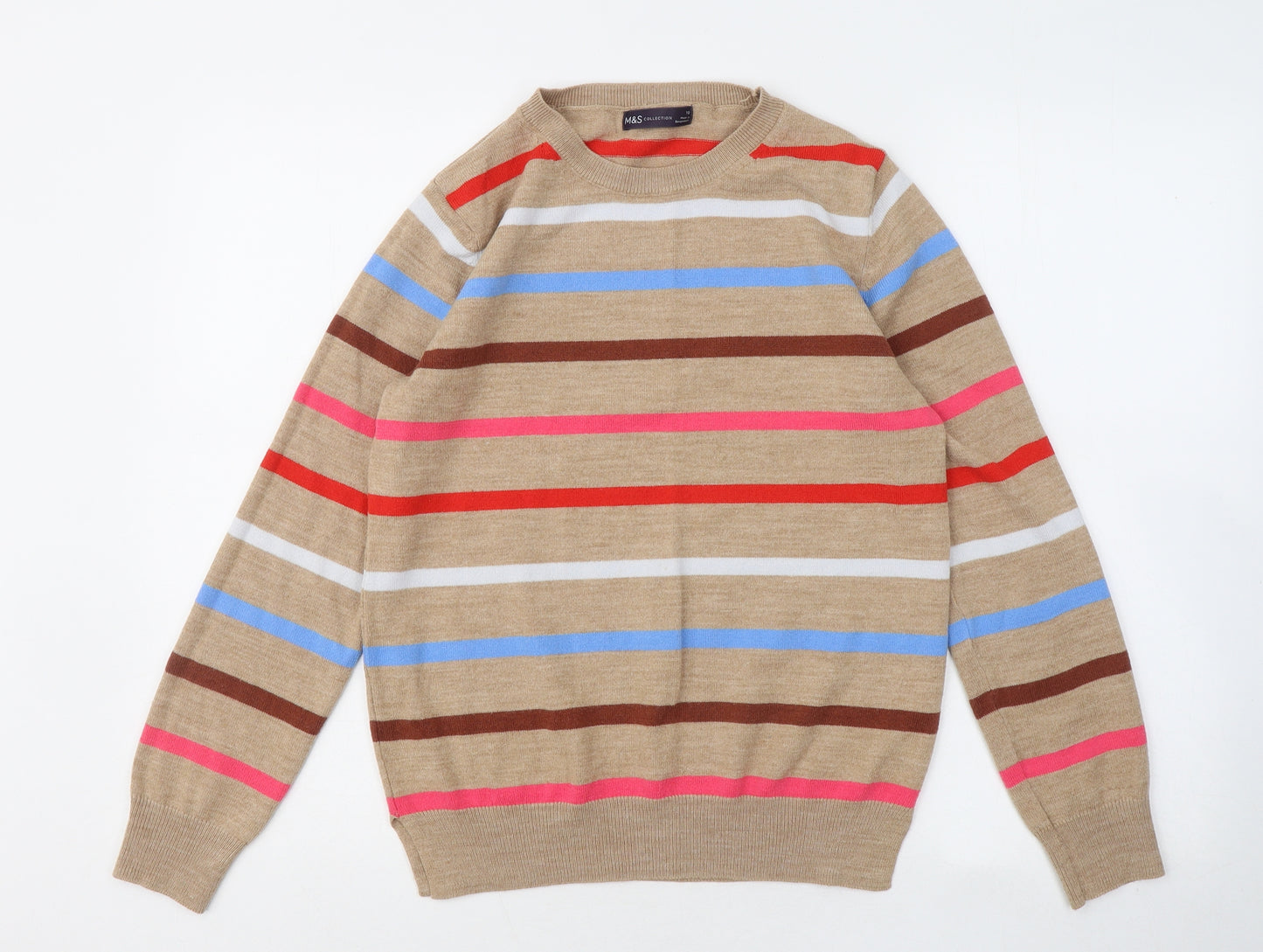 Marks and Spencer Womens Brown Round Neck Striped Acrylic Pullover Jumper Size 10