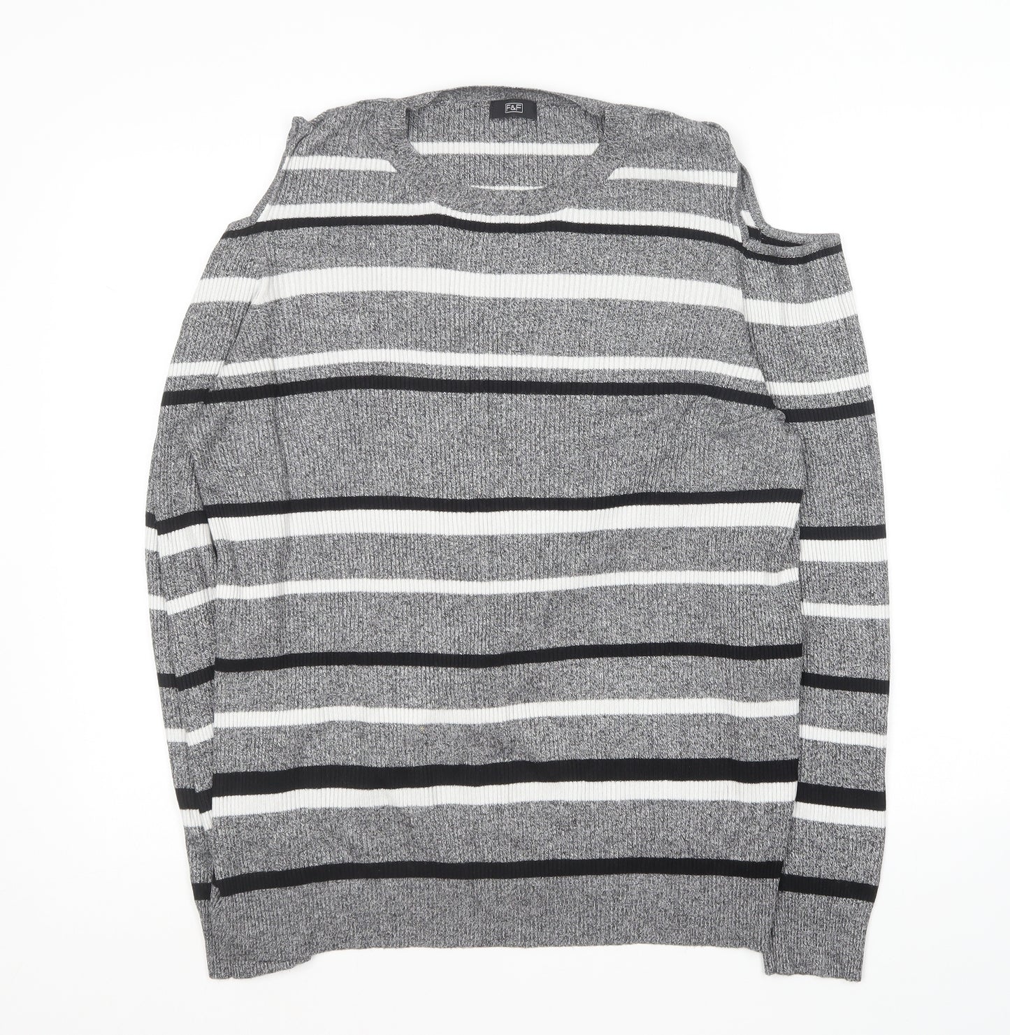F&F Womens Grey Round Neck Striped Cotton Pullover Jumper Size 18