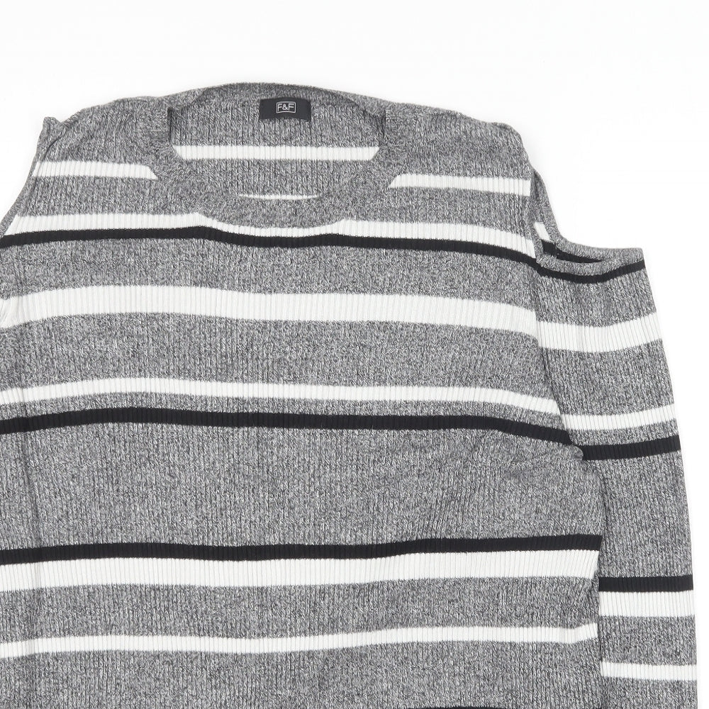 F&F Womens Grey Round Neck Striped Cotton Pullover Jumper Size 18