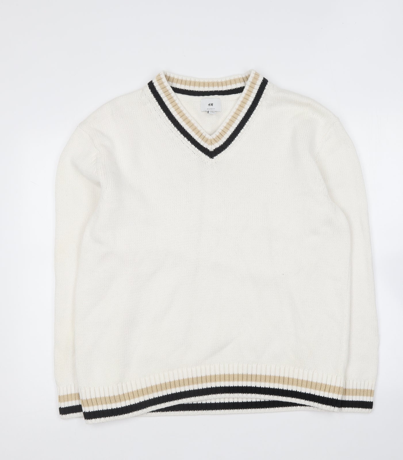 H&M Womens Ivory V-Neck Cotton Pullover Jumper Size M