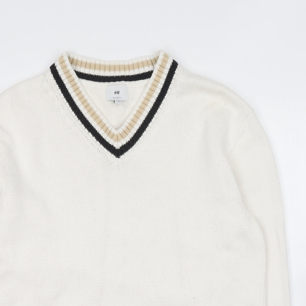 H&M Womens Ivory V-Neck Cotton Pullover Jumper Size M